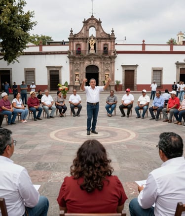 Government official presenting a digital communication strategy on a large screen.
