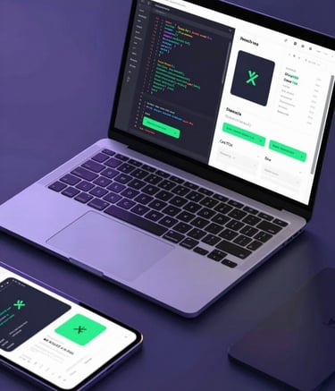 A top-down view of a sleek, modern workstation featuring a high-end laptop and a tablet. The screen displays code and app design layouts. The scene is lit with cool, professional lighting and subtle hints of #6D6DAA purple and #3A7D69 green in the digital graphics.