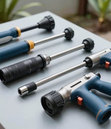 Close-up of professional cleaning tools and high-pressure nozzles laid out neatly on a clean surface, slate blue and medium steel blue accents, bright outdoor natural lighting, Southeast Asian / Indonesian residential setting.