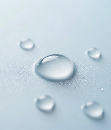 Macro photography of pure, sparkling water droplets on a smooth surface, bright clean lighting, emphasizing purity and cleanliness, pale blue and white tones.