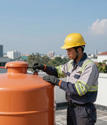 A professional technician wearing a neat uniform and safety gear, inspecting an orange water tank on a rooftop garden, sunny day, clear blue sky, Southeast Asian / Indonesian urban landscape in the background.