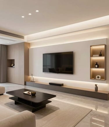 Cozy living room with custom-built shelves and ambient lighting.