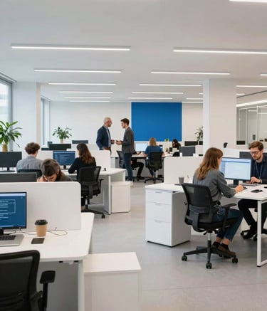A wide shot of a modern, brightly lit coworking space in Munich with clean white furniture and blue decor. In the background, professional people are collaborating in a high-tech environment. The style is professional, clean, and forward-thinking.