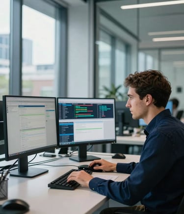 A focused professional in a modern, glass-walled office in Frankfurt, working with high-end computer screens showing data streams. Soft natural light, clean lines, and a professional atmosphere reflecting technical excellence in a Central European setting. Accents of light blue and dark navy blue in the decor.