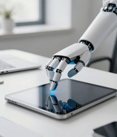 A high-tech, minimalist robotic hand interacting subtly with a tablet screen on a white desk. Soft morning light in a bright Central European office. The scene uses a palette of white, light gray, and touches of medium blue to convey precision and innovation.