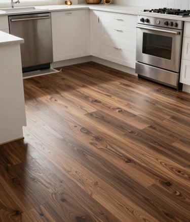 Before and after shot of a living room transformed with new laminate flooring.