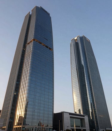 A wide-angle architectural photograph of the Ajman Free Zone C1 Building in the UAE. The modern facade features glass and steel, photographed during the golden hour to emphasize its sophisticated and authoritative presence in the region.