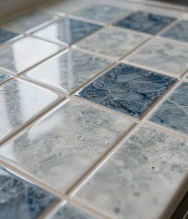 A close-up photograph of a professional tile installation in a modern North American / Hispanic kitchen. The image shows precise grout lines and high-quality ceramic tiles in silver and slate blue tones. Natural soft lighting highlights the texture and refined craftsmanship.