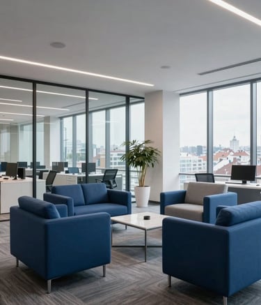 A wide-angle professional photograph of a modern corporate office interior in Belgrade, Serbia. The space features sleek furniture in Steel Blue and Light Gray, with large glass windows showing a hint of the Balkan city skyline. The lighting is bright and clean, conveying efficiency and trust.