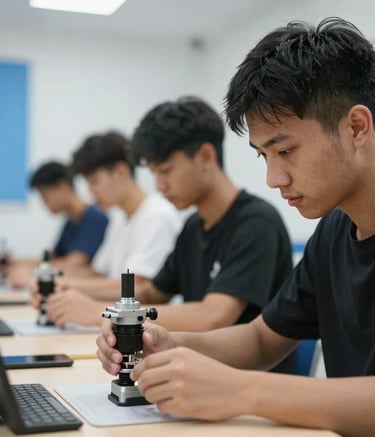 A close-up photograph of a training session where a group of Southeast Asian students are learning technical skills. The environment is a clean, modern vocational center in a Balkan city. Soft blue accents are visible in the background. The mood is one of focus and professional development.