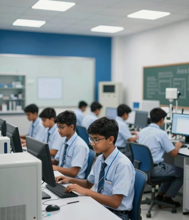 A high-tech educational laboratory in Sri Lanka, featuring students in professional attire working with industry-standard equipment. The lighting is bright and professional, with a clean architectural feel incorporating the colors #0A2B2E and #E0D7C4 in the interior accents.