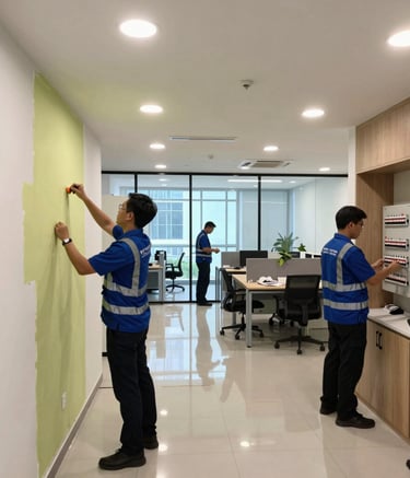 Technician repairing an office building's electrical panel with safety gear.