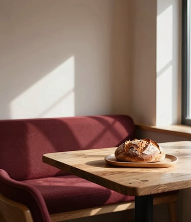 A cozy, Scandinavian-style restaurant interior with warm minimalist wood furniture, deep ripe crimson accents in the upholstery, and soft morning sunlight hitting a rustic table set with artisanal bread.
