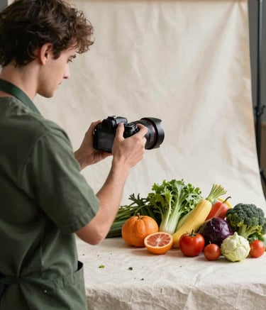 A behind-the-scenes photography session in a professional studio. A creator in a matte forest green apron is adjusting a camera over a flat lay of fresh produce on a crisp parchment linen backdrop.