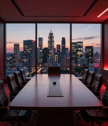 A wide-angle, cinematic photograph of a high-end executive boardroom overlooking a modern cityscape at dusk. The lighting is sophisticated with deep dark red hues, capturing a sense of global vision and authority.