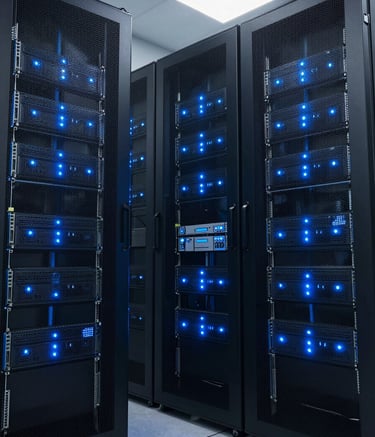 A professional wide-angle shot of a clean, state-of-the-art server room with glowing blue LED indicators, representing high-speed data processing and modern cloud security in an international business facility.