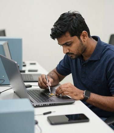 A high-tech technical service bench in a South Asian / Indian office. A specialist technician is carefully repairing a laptop using precision tools. The environment is bright and modern with soft blue grey equipment and clean off-white walls, conveying efficiency and professionalism.
