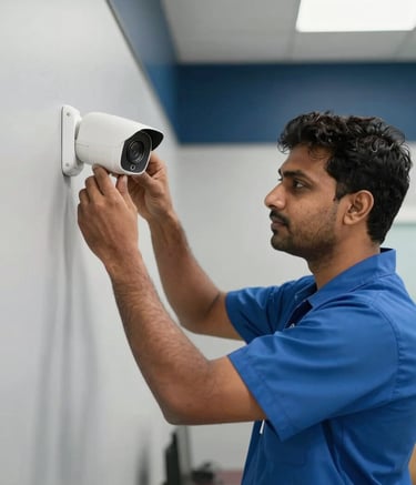 A professional South Asian / Indian technician in a clean slate blue uniform installing a modern white CCTV camera on a wall. The scene is well-lit with soft natural light in a contemporary business setting with deep navy blue accents.