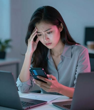 A young, pretty Asian female entrepreneur sitting at a desk, looking overwhelmed and stressed while checking multiple message notifications on two smartphones and a laptop. Cluttered desk with coffee and papers. The lighting is slightly moody with soft blue (#4E6D8F) and pink (#C4A5A8) color casts reflecting on her face.