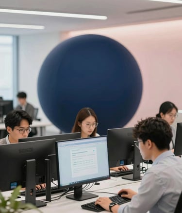 A modern, bright Smart Sphere office where a professional team of Asian men and women are working efficiently at desks with dual monitors. The atmosphere is calm and focused. The office interior features clean lines and professional decor with subtle navy blue (#1D2B40) and soft pink (#C4A5A8) lighting accents.