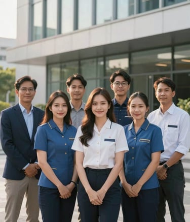 A professional group portrait of a friendly Thai solar consultant team standing in front of a modern office building. They are wearing smart-casual uniforms with steel blue accents. The atmosphere is trustworthy and approachable. Soft morning sunlight creates a professional and warm mood.