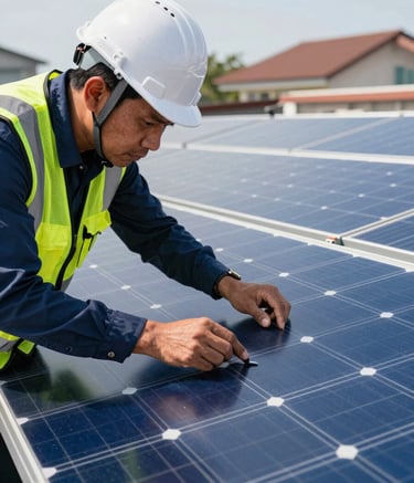 A close-up photograph of a professional Southeast Asian / Thai engineer in a white hard hat and safety vest, meticulously inspecting a high-quality blue solar panel installation on a rooftop. The lighting is bright natural daylight, emphasizing the metallic textures and modern tech. The background shows a clear sky and parts of a residential roof.