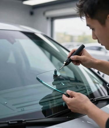Photography of a premium windshield repair kit being used on a luxury vehicle in a bright, modern North American garage. The lighting is crisp, emphasizing precision and the clarity of the sky blue glass. Professional atmosphere.