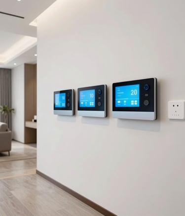 Wide angle view of a modern European living room featuring clean electrical finishes and integrated smart home wall panels. The lighting is bright and airy, reflecting a professional and high-quality installation standard.
