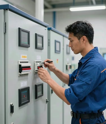 A professional electrician inspecting a large industrial control cabinet. The composition is clean and focused, showcasing technical expertise and precision. The setting is a modern facility in Portugal with bright, even lighting.