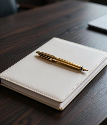 A close-up, high-detail photograph of a premium executive boardroom table made of dark charcoal wood. A metallic gold fountain pen rests on a soft off-white leather-bound journal. The lighting is dramatic and focused, highlighting a professional and elite business environment.