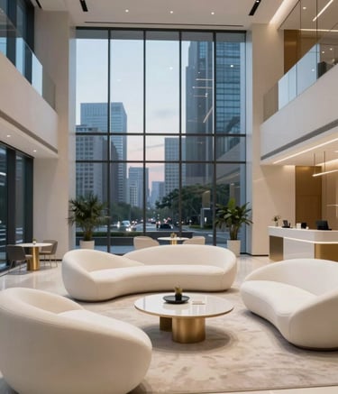 A wide-angle, cinematic photograph of a minimalist high-end corporate lobby. The space features soft off-white sculptural furniture and subtle metallic gold accents in the architecture. Large glass windows reveal a blurred urban skyline at dusk, creating a sophisticated and professional atmosphere.