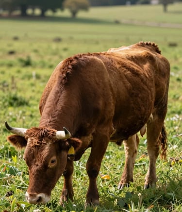 A close-up, high-quality photograph of premium beef cattle grazing in a lush, sun-drenched pasture. The scene reflects authentic tradition and modern quality, featuring soft natural lighting that highlights the textures of the cattle's coat and the vibrant greens of the field. The color palette emphasizes #AAB89D and #6F624C to create a sophisticated, grounded, and welcoming atmosphere.
