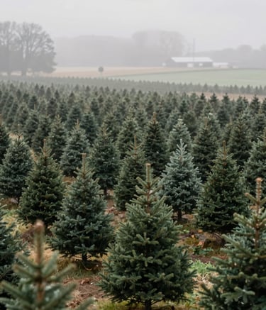 A wide-angle landscape of perfectly groomed Christmas tree rows on a misty morning. The composition is grounded and peaceful, with a sense of natural beauty. The lighting is soft and ethereal, using a palette that subtly incorporates #2C3A2D and #AAB89D to project a mood of reliable quality and authentic farm tradition.