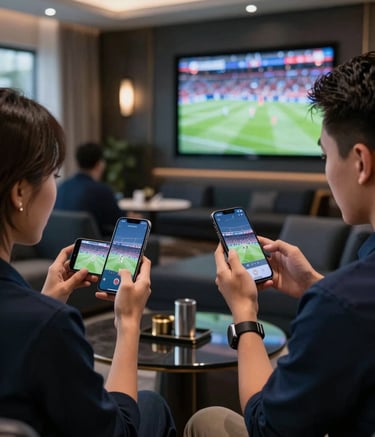 Southeast Asian / Vietnamese users enjoying a live sports match on a premium smartphone, dynamic lighting, luxurious stadium VIP lounge setting in the background, sophisticated steel blue and dark navy tones.