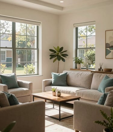 A bright, professional-looking interior of a high-end residential care home in Southern California. The room features warm off-white walls, large windows letting in natural sunlight, and comfortable furniture with muted teal cushions. The atmosphere is calming, clean, and trustworthy.
