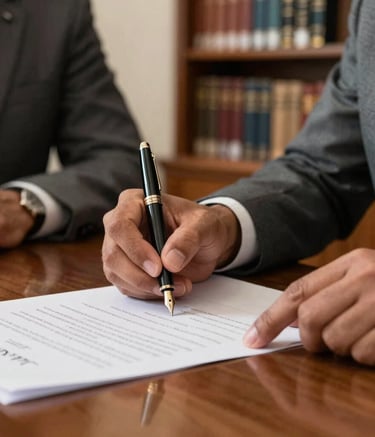 Close-up photography of professional hands in a Latin American setting signing an official international trade contract. A high-end fountain pen, polished wooden desk, and a blurred background of a law library with dark slate grey and off-white tones.