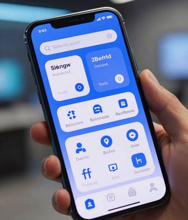 Close-up shot of a smartphone screen held by a user, displaying a vibrant and sleek Android interface with fluid animations and clean icons. The interface design uses #3E6F7F and #1A2E3C accents. The background is a soft-focus tech hub environment.