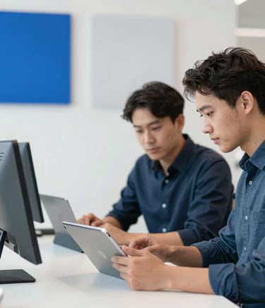 A modern, well-lit studio office where two professional developers are collaborating over a sleek Android tablet. The background is minimalist with geometric wall art featuring brand colors #7DAFB8 and #F6F8FA. The lighting is soft and natural, emphasizing a productive and innovative atmosphere.