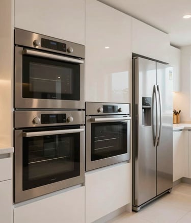 A wide-angle shot of a clean, modern kitchen in a Middle Eastern / Gulf residence, showing well-maintained appliances like an oven and refrigerator under bright, warm lighting, reflecting professional maintenance.