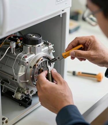 Close-up of skilled hands using professional tools to repair a high-end refrigerator compressor, bright natural lighting, professional workshop setting in the Middle Eastern / Gulf, emphasizing meticulous workmanship.
