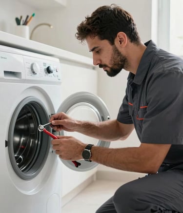 A professional Middle Eastern / Gulf technician in a neat deep charcoal uniform inspecting a modern washing machine in a bright Sharjah home with reliable tools.