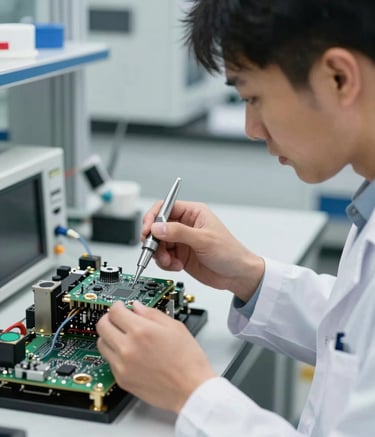 A close-up photograph of a professional engineer in a North American laboratory setting, wearing a white lab coat, meticulously inspecting a high-tech medical circuit board with precision tools under bright, clean, natural light. The background is a modern, high-tech manufacturing facility with hints of light blue and off-white colors.