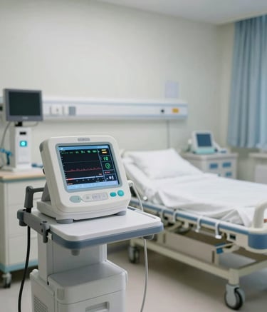 A wide-angle professional photograph of a clean, clinical patient room in a North American hospital. In the foreground, a sleek, modern medical data acquisition device is mounted on a mobile stand, showing a crisp interface with real-time vitals. The lighting is bright and professional, emphasizing a sterile and technologically advanced environment.