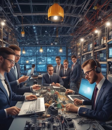 Technician installing cybersecurity software on multiple devices.