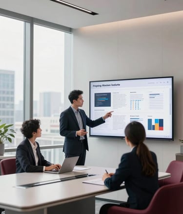 A sleek, corporate meeting room with a large window overlooking a city. A property manager and a housing association representative are reviewing digital reports on a large screen. The interior design is Scandinavian minimalist with touches of Deep Ripe Crimson #8D2D2D in the furniture details.