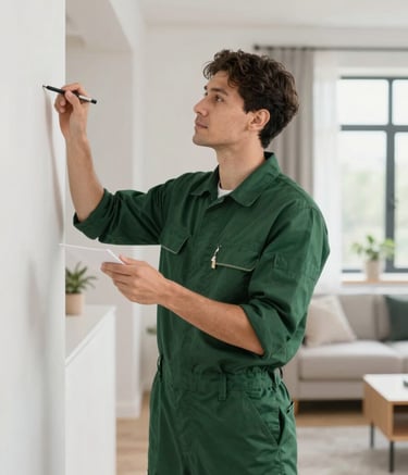 A focused property technician in a professional uniform conducting an inspection in a modern Scandinavian-style apartment. The lighting is bright and airy, highlighting clean architectural lines. Accents of Matte Forest Green #3F5E42 are visible in the technician's gear. Premium, trustworthy atmosphere.