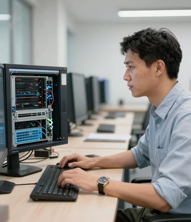 Close-up of hands troubleshooting telephone system hardware remotely.