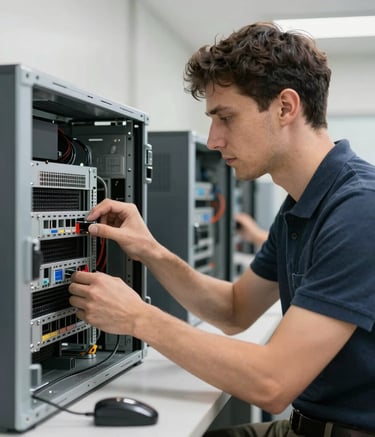 Technician remotely assisting a client with computer network setup via laptop.