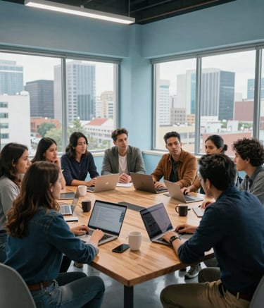 A wide shot of a creative team of Latinoamericano Hispano colleagues brainstorming around a wooden table in a high-tech studio with pale blue walls and large windows showing a modern city skyline.
