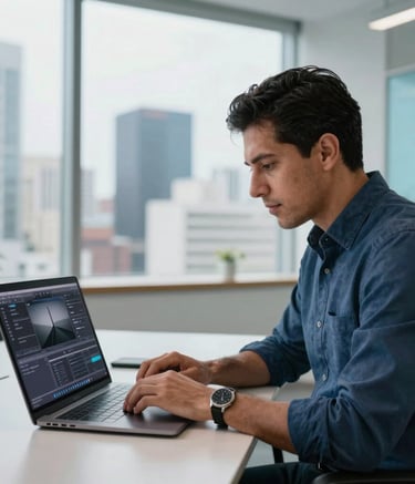 Photography of a Latinoamericano professional in a bright modern office in a large city, using a laptop with professional software interfaces, steel blue and light blue accents in the background.